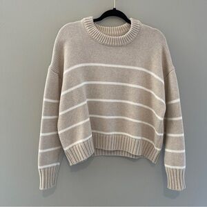 Quince Beige White 100% Organic Cotton Striped Chunky Crew Sweater Size Medium